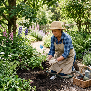 Gardener transplanting a Himalayan blue poppy seedling into moist, enriched garden soil.