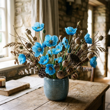 Decorative floral arrangement featuring fresh Himalayan blue poppy flowers and dried poppy pods.