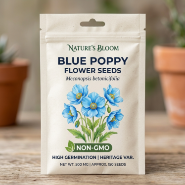 Packaged non-GMO blue poppy flower seeds for sale labeled Meconopsis betonicifolia available to buy online.
