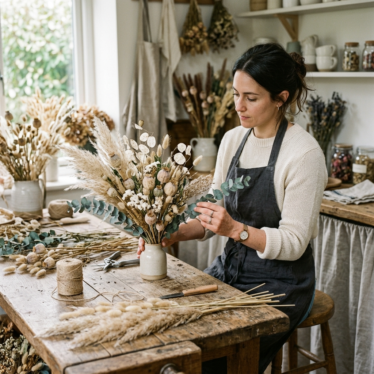 Florist creating a dried arrangement with dried papaver pods Australia, pampas grass, and eucalyptus.