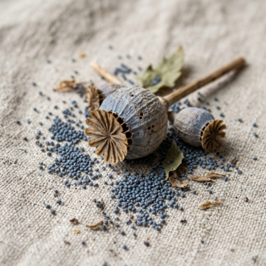 Dried blue poppy pod seeds showing ribbed seed capsules and slate-blue poppy seeds arranged on neutral linen.
