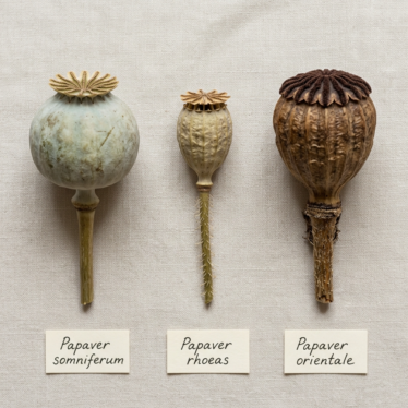 Comparison flat-lay showing Papaver somniferum, rhoeas, and orientale poppy capsules side by side.
