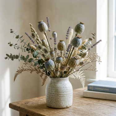 Decorative floral arrangement featuring dried blue poppy pods with lavender and dried foliage in a ceramic vase.