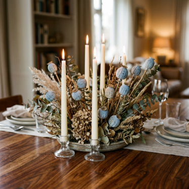 Decorative table centerpiece featuring blue poppy pods arranged with candles and dried foliage.