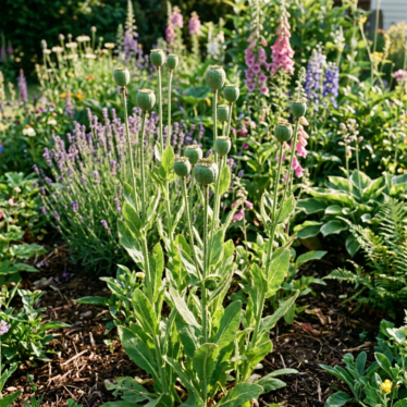 Poppy plants grown from blue poppy pod seeds displaying maturing green seed capsules in a sunny garden bed.