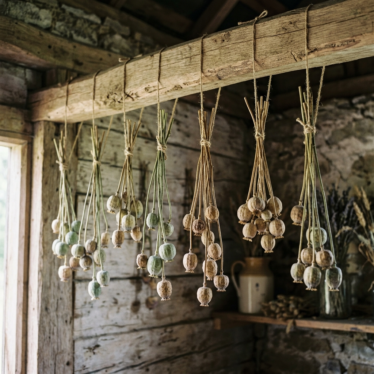 Poppy seed capsules hanging upside down to air dry before use as blue poppy pod seeds.