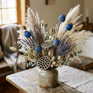 Blue poppy pods paired with pampas grass, lavender, and lotus pods in a textured dried floral arrangement.