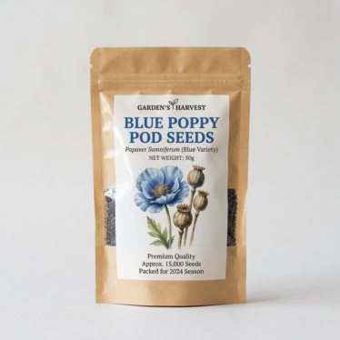 Packaged blue poppy pod seeds for sale online with a clear label indicating Papaver pod type and quantity.