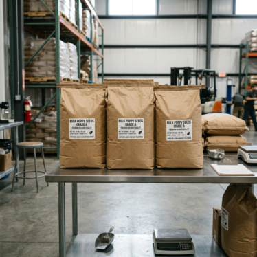 Bulk poppy seeds wholesale packaging showing graded volume stock ready for shipping.