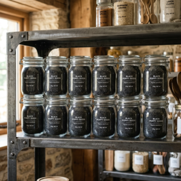 Organized cool, dry storage of bulk poppy seeds in airtight labeled containers.