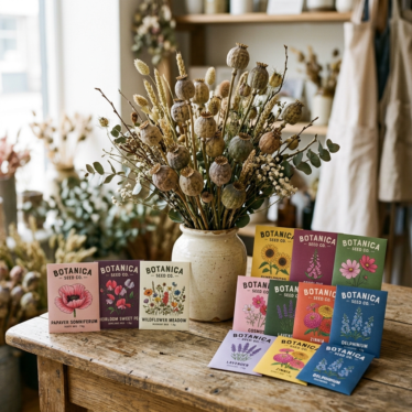 Florist and reseller uses for blue poppy seeds bulk, showing dried capsules and branded retail packets.