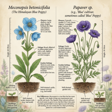 Comparison of Meconopsis and Papaver blue poppy varieties for planting.