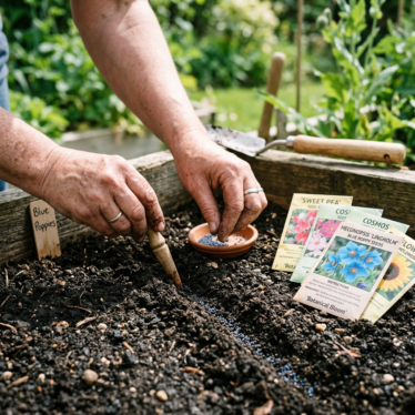 Sowing blue poppy seeds on prepared soil following a poppy seeds planting guide.