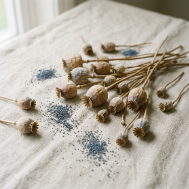 Blue poppy seeds and dried poppy capsules arranged on neutral linen surface.
