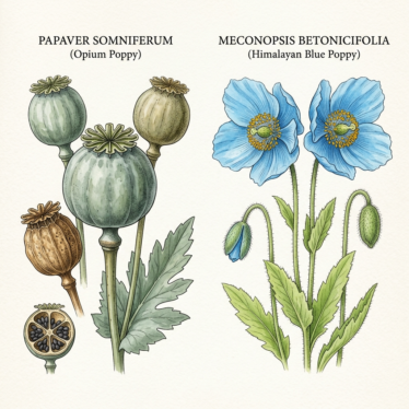 Botanical comparison of Papaver somniferum seed capsules and Meconopsis betonicifolia blue flowers, highlighting differences between opium poppy pods and Himalayan blue poppy blooms grown from blue poppy seeds.