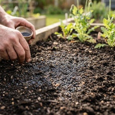 Blue poppy seeds surface-sown into well-drained garden soil for germination in a raised bed garden.