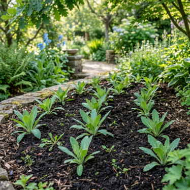 Blue poppy seedlings thinned in a garden bed to improve airflow, support healthy growth, and promote stronger spring blooming.