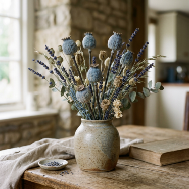 Dried blue poppy pods, lavender, and preserved foliage arranged in a ceramic vase for a rustic botanical display.