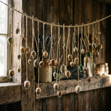 Poppy seed capsules hanging upside down to air dry before decorative use.