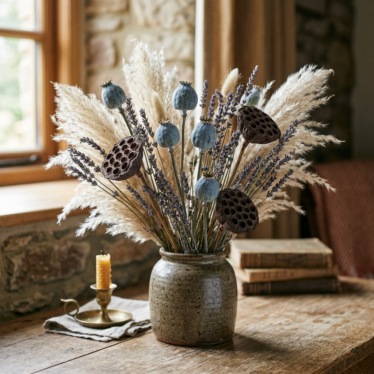 Blue poppy pods, pampas grass, lavender, and lotus pods in a textured dried floral arrangement