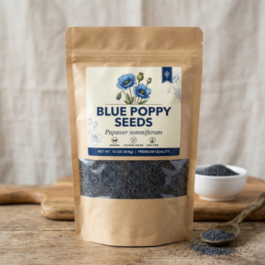 Blue poppy seeds package for sale online with clear Papaver species label and quantity shown.