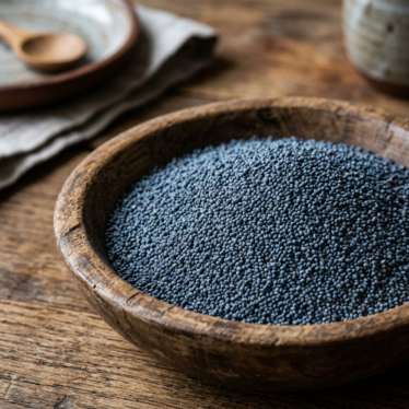 Premium blue poppy seeds in a wooden bowl, showing slate-blue color and fine rounded texture.