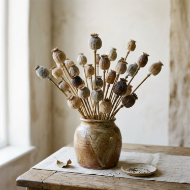 Rustic dried poppy pods displayed as long-lasting home décor.