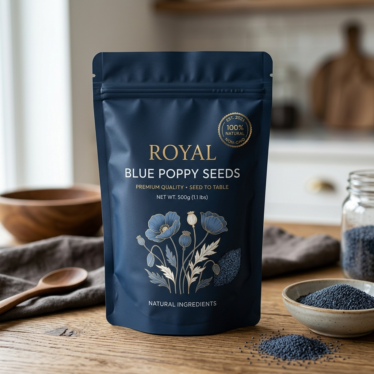 Premium blue poppy seeds packaged and ready for online purchase.