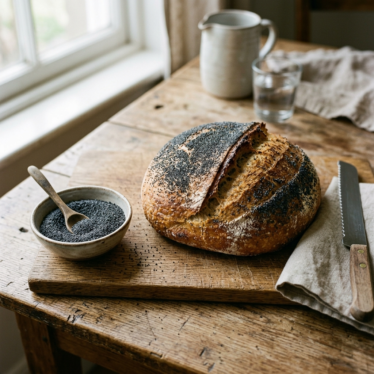 dried poppy seeds and freshly baked seed bread showing poppy seed benefits
