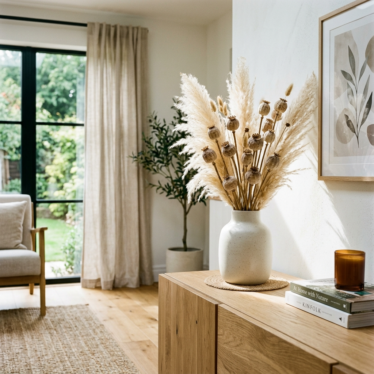 Decorative dried flowers arrangement with dried poppy pods and pampas grass in a ceramic vase.