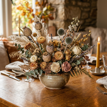 Dried poppy pods arranged in a rustic floral centerpiece on a wooden table with warm autumn home decor styling.