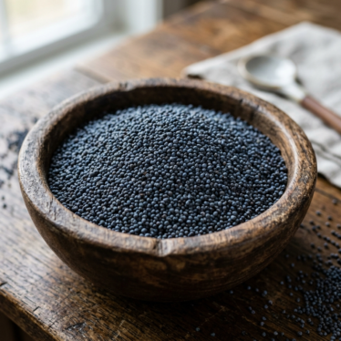 Heirloom blue poppy seeds in a wooden bowl showing their deep slate-blue color and fine texture