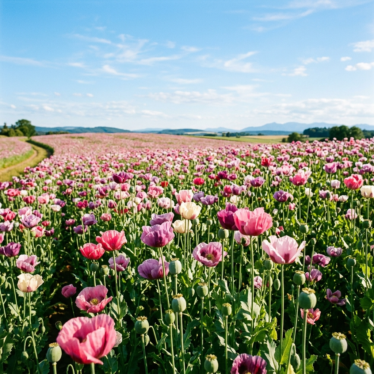 Papaver somniferum poppy field in bloom with developing seed pods