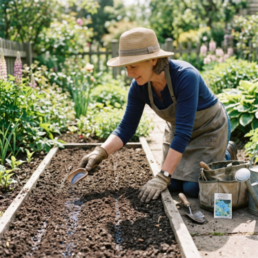 Gardener surface-sowing heirloom blue poppy seeds into well-drained soil