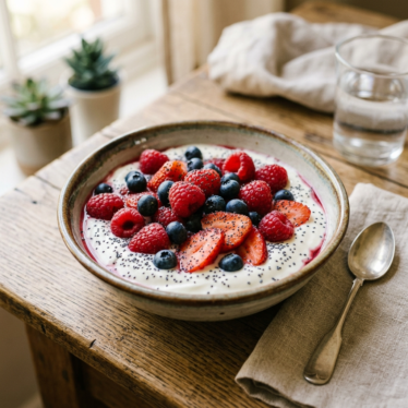 Yogurt breakfast bowl topped with blue poppy seeds and fresh fruit