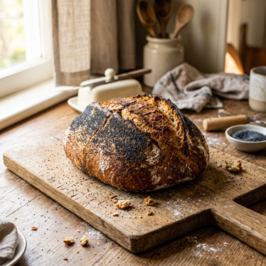 Fresh-baked bread loaf topped with heirloom blue poppy seeds