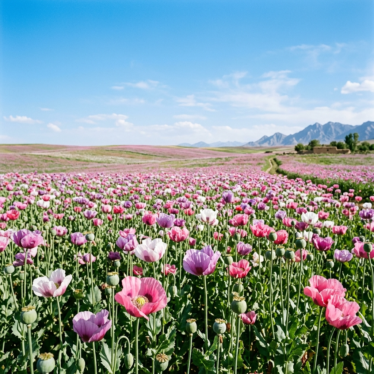 Blooming Papaver somniferum opium poppy field under a clear blue sky