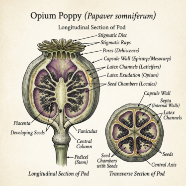 Labeled cross-section illustration of an opium poppy pod showing internal seed chambers, latex-containing tissue, and botanical anatomy details.