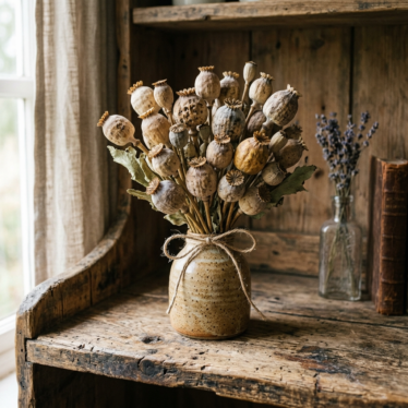 Rustic bouquet of dried poppy pod heads in a speckled ceramic vase on a weathered wooden shelf