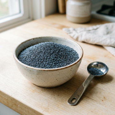 Bowl of raw blue poppy seeds beside a measuring spoon on a light kitchen surface.