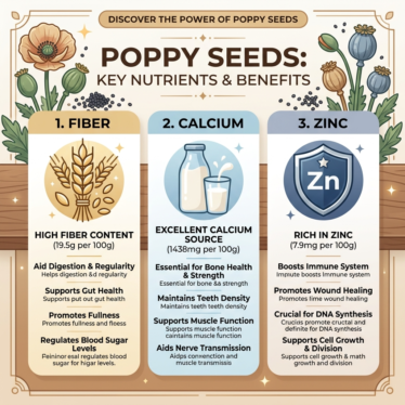 Nutrient chart illustration highlighting fiber, calcium, and zinc in poppy seeds.