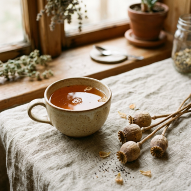 Ceramic cup of amber poppy tea beside dried poppy pods on a linen cloth