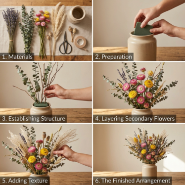Step-by-step guide to arranging decorative dried flowers in a vase.