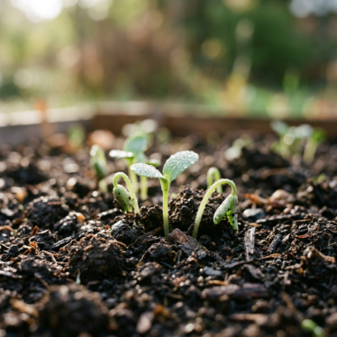 Poppy seedlings sprouting in garden soil