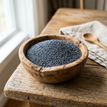 Non-GMO blue poppy seeds in a small wooden bowl, showing their deep slate-blue color and tiny rounded shape.