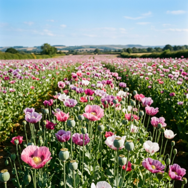 A field of Papaver somniferum poppy plants in bloom with green seed pods developing among the flowers.
