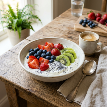 A breakfast bowl of yogurt topped with fresh fruit and a sprinkle of blue poppy seeds.