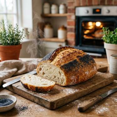 A golden loaf of bread topped with a thick sprinkle of blue poppy seeds, fresh from the oven.