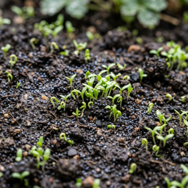 Blue poppy seeds surface-sown into prepared garden soil with young seedlings emerging.