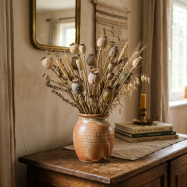 A rustic bouquet of dried poppy pods displayed in a ceramic vase as home décor.